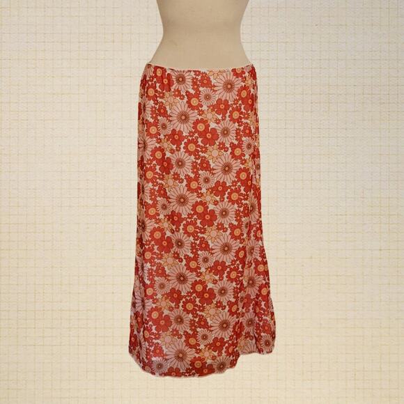 Forever 21 Large Red Floral Stretch A-Line Midi Skirt 60s Hippie Boho - Picture 1 of 7
